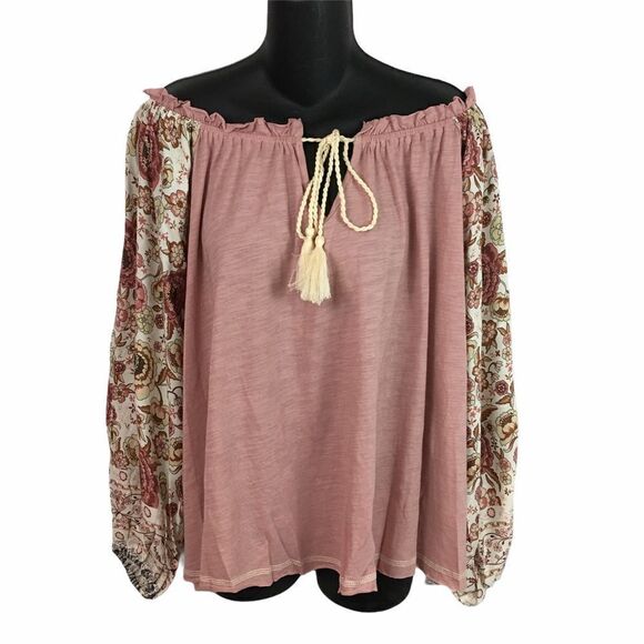 Boho off the shoulder top pink boho floral top - Picture 2 of 12